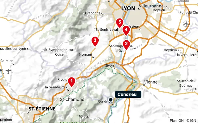 Carte : Condrieu et les 5 agences de la liste, numérotées de 1 à 5