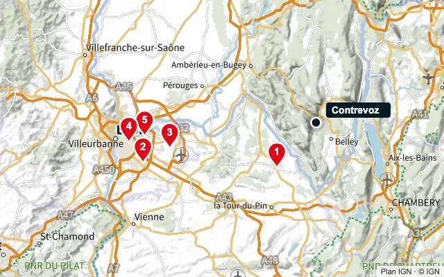 Carte : Contrevoz et les 5 agences de la liste, numérotées de 1 à 5