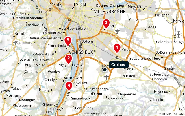 Carte : Corbas et les 5 agences de la liste, numérotées de 1 à 5