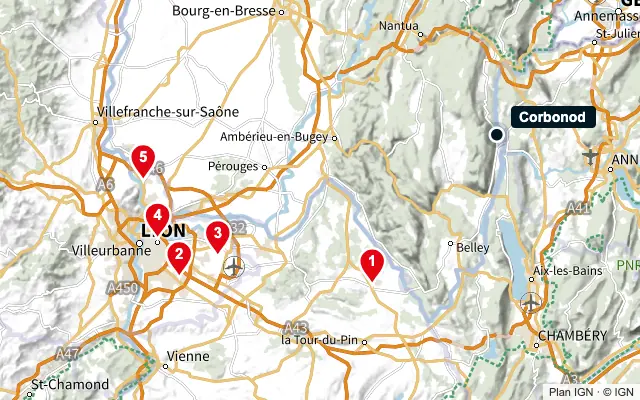 Carte : Corbonod et les 5 agences de la liste, numérotées de 1 à 5