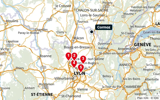 Carte : Cormoz et les 5 agences de la liste, numérotées de 1 à 5