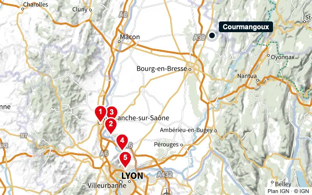 Carte : Courmangoux et les 5 agences de la liste, numérotées de 1 à 5