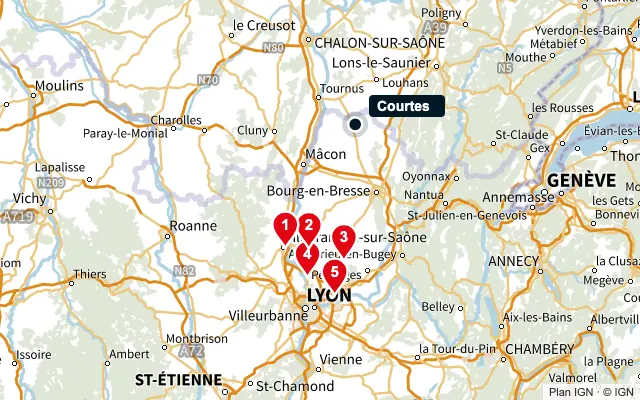 Carte : Courtes et les 5 agences de la liste, numérotées de 1 à 5