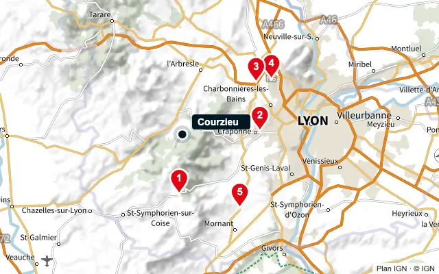 Carte : Courzieu et les 5 agences de la liste, numérotées de 1 à 5