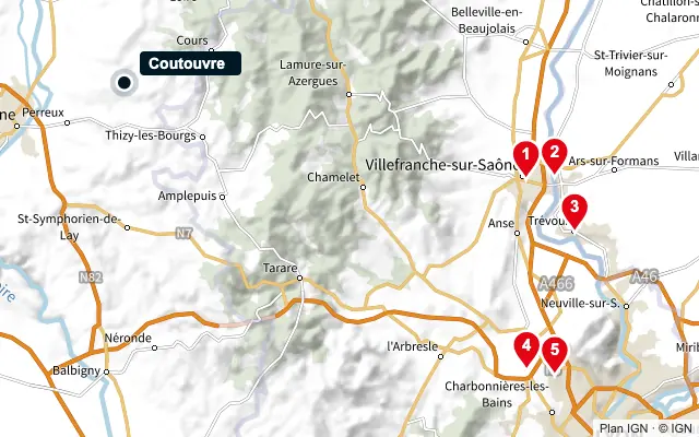 Carte : Coutouvre et les 5 agences de la liste, numérotées de 1 à 5