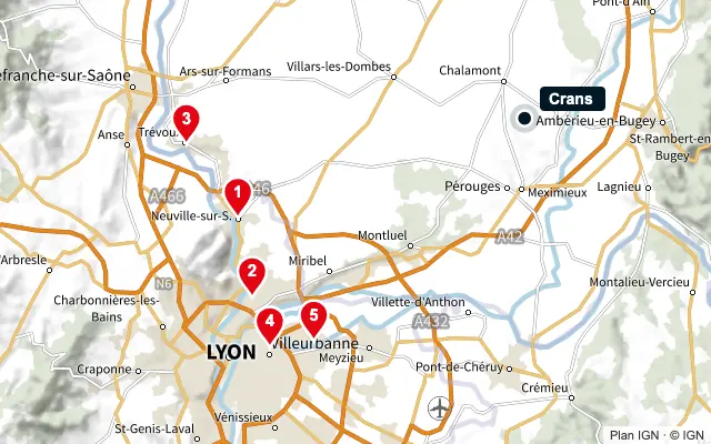Carte : Crans et les 5 agences de la liste, numérotées de 1 à 5