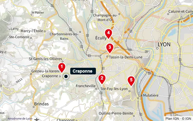 Carte : Craponne et les 5 agences de la liste, numérotées de 1 à 5