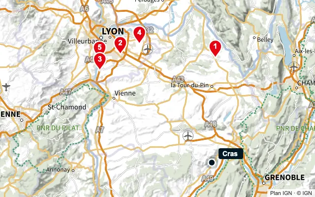 Carte : Cras et les 5 agences de la liste, numérotées de 1 à 5