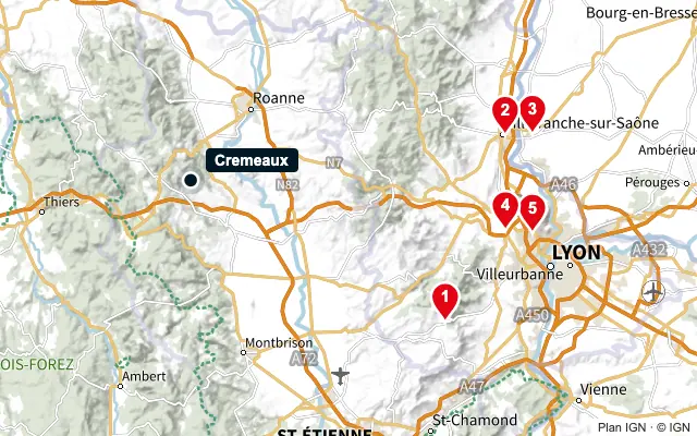 Carte : Cremeaux et les 5 agences de la liste, numérotées de 1 à 5