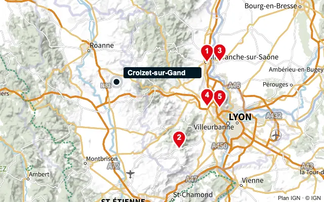 Carte : Croizet-sur-Gand et les 5 agences de la liste, numérotées de 1 à 5