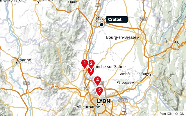 Carte : Crottet et les 5 agences de la liste, numérotées de 1 à 5