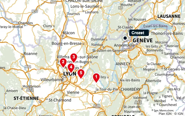 Carte : Crozet et les 5 agences de la liste, numérotées de 1 à 5