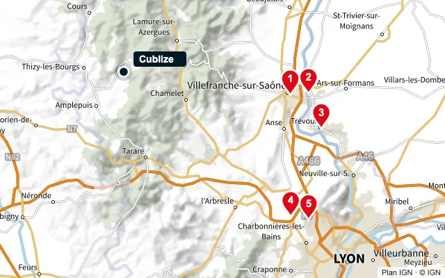 Carte : Cublize et les 5 agences de la liste, numérotées de 1 à 5