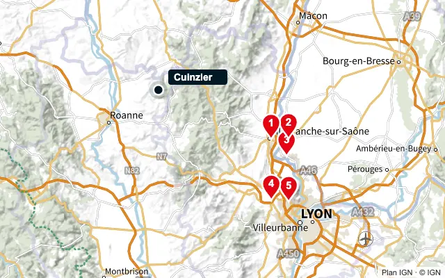 Carte : Cuinzier et les 5 agences de la liste, numérotées de 1 à 5