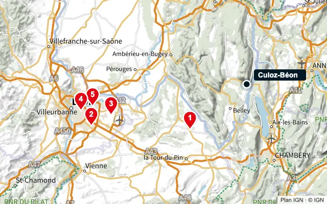 Carte : Culoz-Béon et les 5 agences de la liste, numérotées de 1 à 5