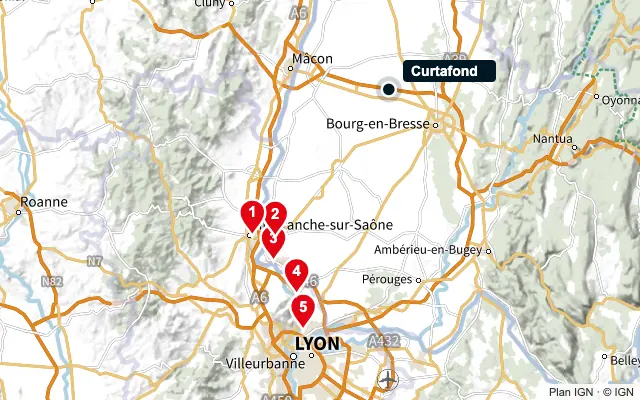 Carte : Curtafond et les 5 agences de la liste, numérotées de 1 à 5