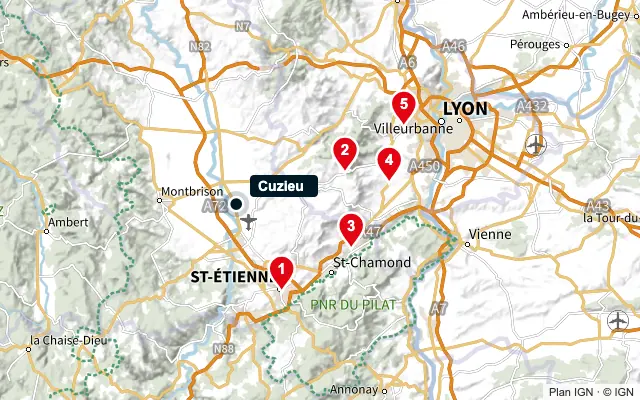 Carte : Cuzieu et les 5 agences de la liste, numérotées de 1 à 5