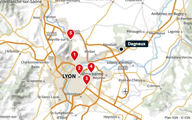 Carte : Dagneux et les 5 agences de la liste, numérotées de 1 à 5