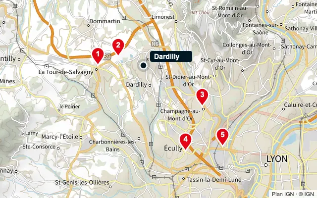 Carte : Dardilly et les 5 agences de la liste, numérotées de 1 à 5
