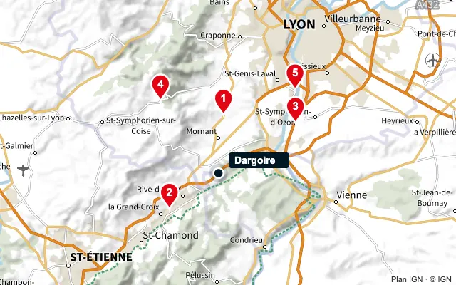 Carte : Dargoire et les 5 agences de la liste, numérotées de 1 à 5