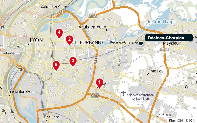 Carte : Décines-Charpieu et les 5 agences de la liste, numérotées de 1 à 5