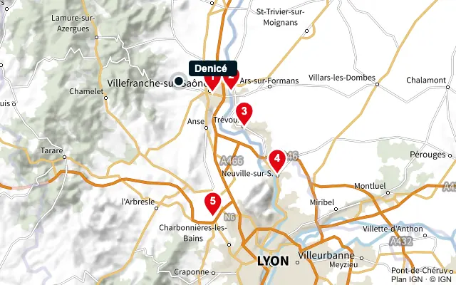 Carte : Denicé et les 5 agences de la liste, numérotées de 1 à 5