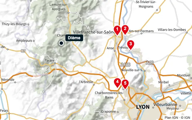Carte : Dième et les 5 agences de la liste, numérotées de 1 à 5
