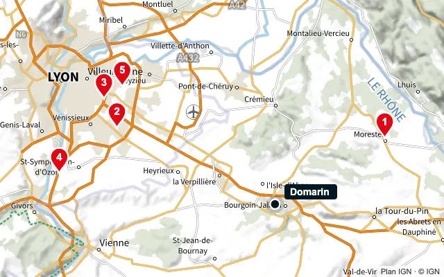 Carte : Domarin et les 5 agences de la liste, numérotées de 1 à 5