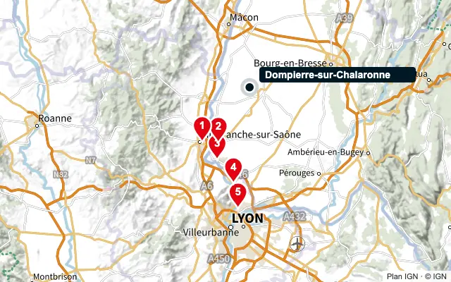 Carte : Dompierre-sur-Chalaronne et les 5 agences de la liste, numérotées de 1 à 5