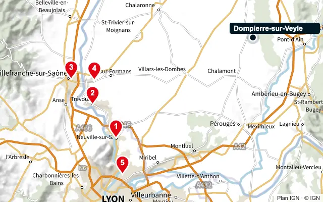 Carte : Dompierre-sur-Veyle et les 5 agences de la liste, numérotées de 1 à 5