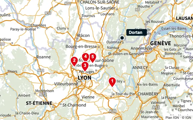 Carte : Dortan et les 5 agences de la liste, numérotées de 1 à 5