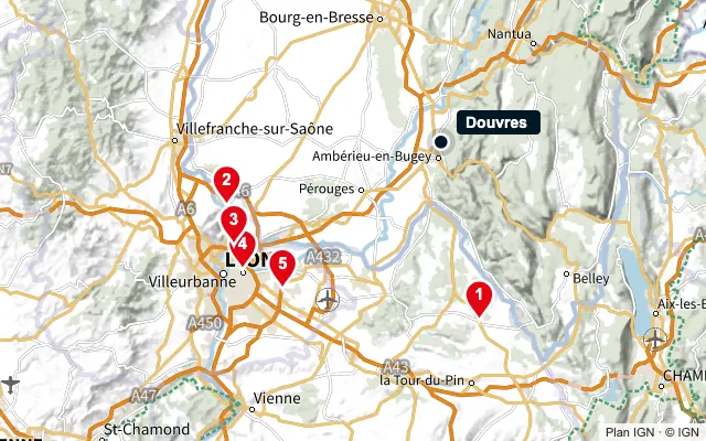 Carte : Douvres et les 5 agences de la liste, numérotées de 1 à 5