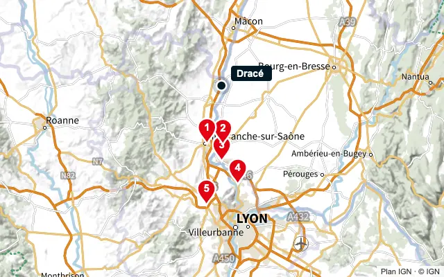 Carte : Dracé et les 5 agences de la liste, numérotées de 1 à 5