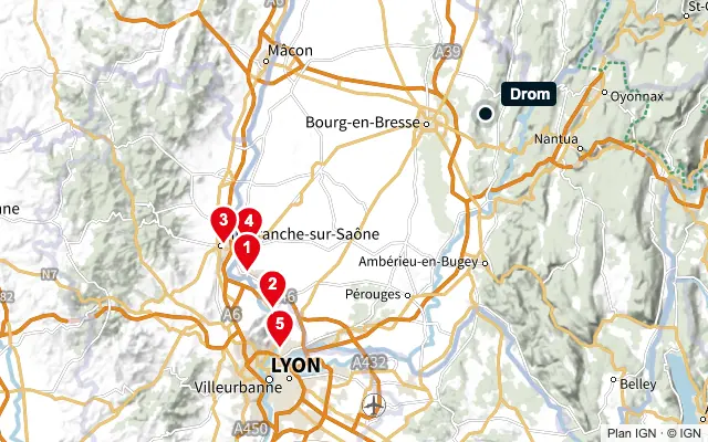 Carte : Drom et les 5 agences de la liste, numérotées de 1 à 5