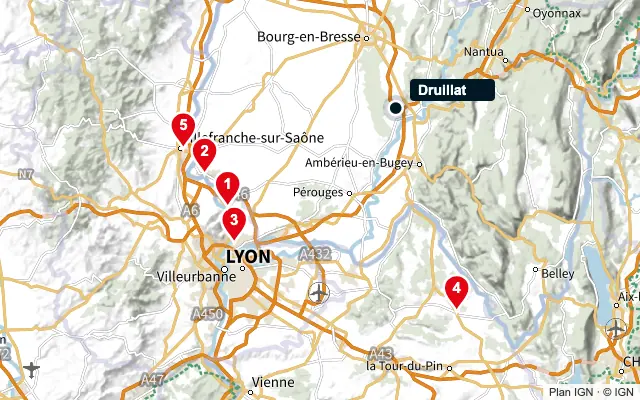 Carte : Druillat et les 5 agences de la liste, numérotées de 1 à 5