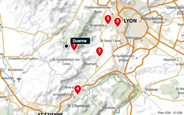 Carte : Duerne et les 5 agences de la liste, numérotées de 1 à 5