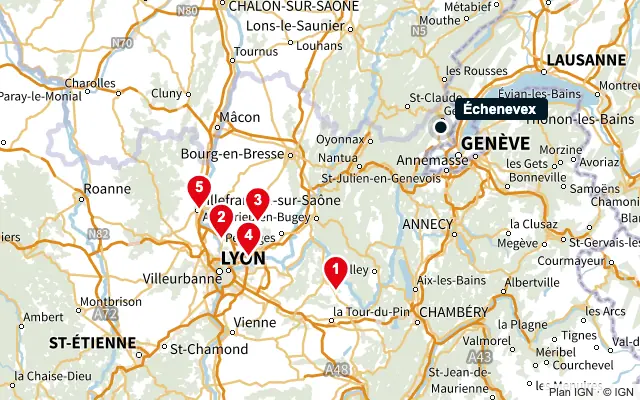 Carte : Échenevex et les 5 agences de la liste, numérotées de 1 à 5