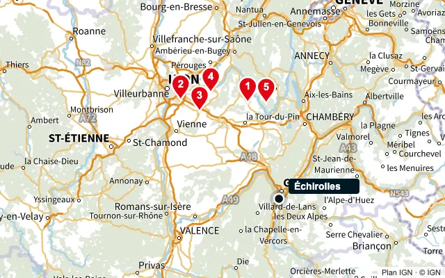Carte : Échirolles et les 5 agences de la liste, numérotées de 1 à 5
