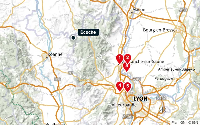 Carte : Écoche et les 5 agences de la liste, numérotées de 1 à 5