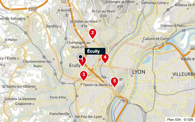 Carte : Écully et les 5 agences de la liste, numérotées de 1 à 5
