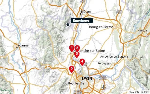 Carte : Émeringes et les 5 agences de la liste, numérotées de 1 à 5