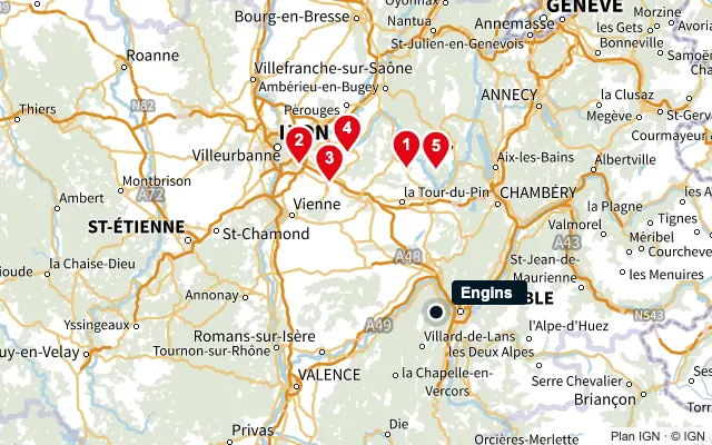 Carte : Engins et les 5 agences de la liste, numérotées de 1 à 5