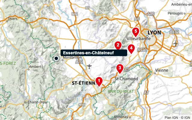 Carte : Essertines-en-Châtelneuf et les 5 agences de la liste, numérotées de 1 à 5