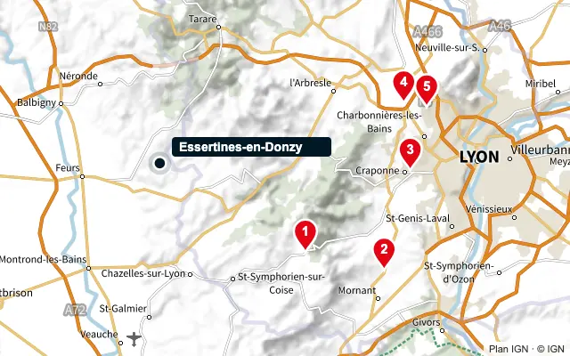 Carte : Essertines-en-Donzy et les 5 agences de la liste, numérotées de 1 à 5