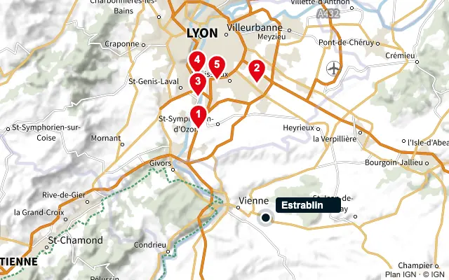Carte : Estrablin et les 5 agences de la liste, numérotées de 1 à 5
