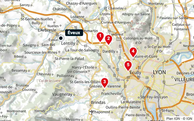 Carte : Éveux et les 5 agences de la liste, numérotées de 1 à 5