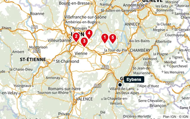 Carte : Eybens et les 5 agences de la liste, numérotées de 1 à 5