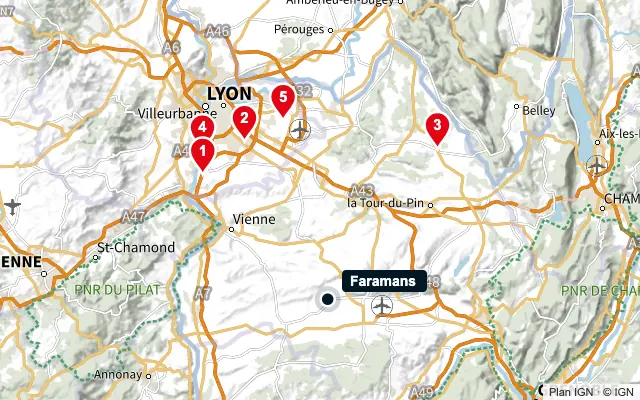 Carte : Faramans et les 5 agences de la liste, numérotées de 1 à 5
