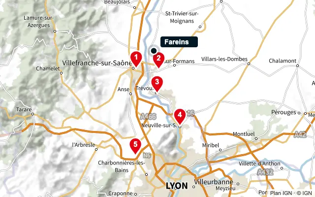 Carte : Fareins et les 5 agences de la liste, numérotées de 1 à 5