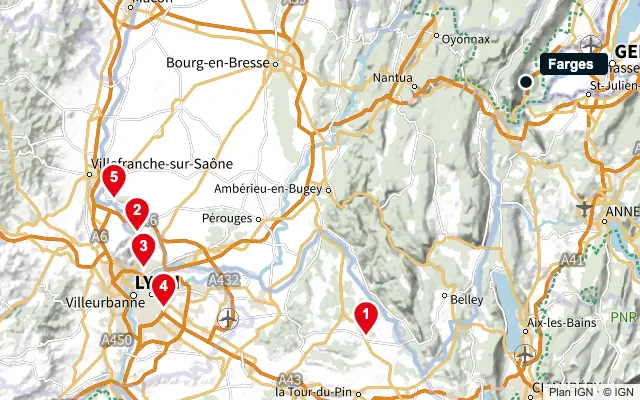 Carte : Farges et les 5 agences de la liste, numérotées de 1 à 5